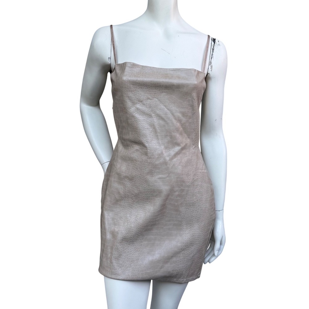 Tic Toc Croc Embossed Mini Dress Open Back Vegan Leather Baddie‎ Y2K Tan Size M